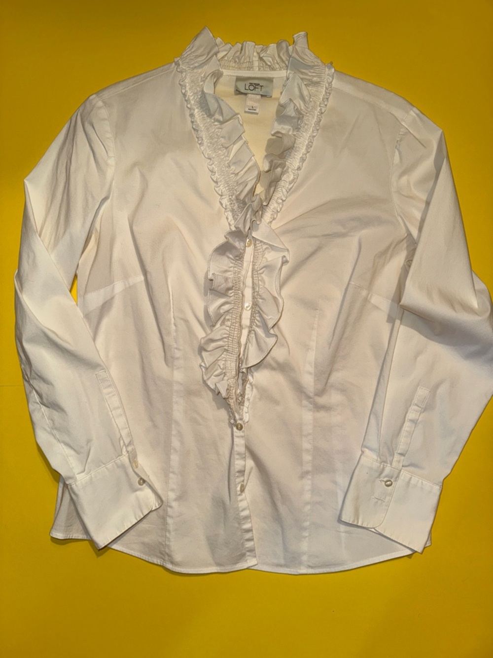 LOFT White Ruffled Front Button-Down Blouse